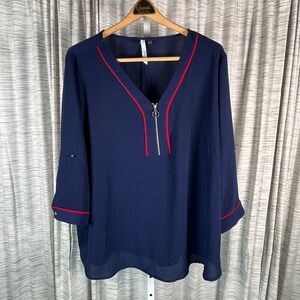 Collection Woman Navy Blue Red Trim Zip V-Neck Roll Tab Sleeve Blouse 1X